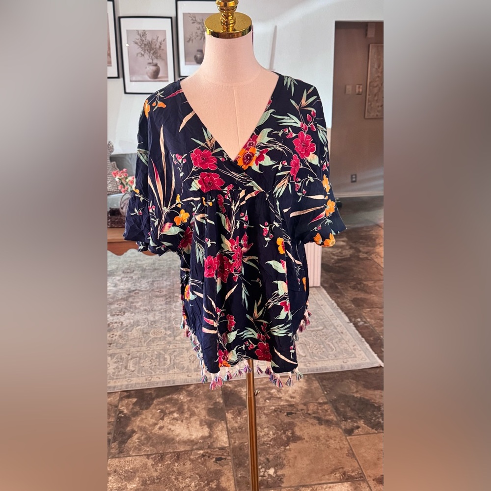 Tropical Floral Boho Top Tassel Hem V-Neck Flowy Blouse Vacation Resort
